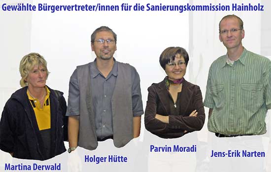 Gruppe der vom Forum gewählten Bürgervertreter zur Sanierungskommission (Frau Derwald, Frau Moradi, Herr Narten und Herr Hütte) Bürgervertreter